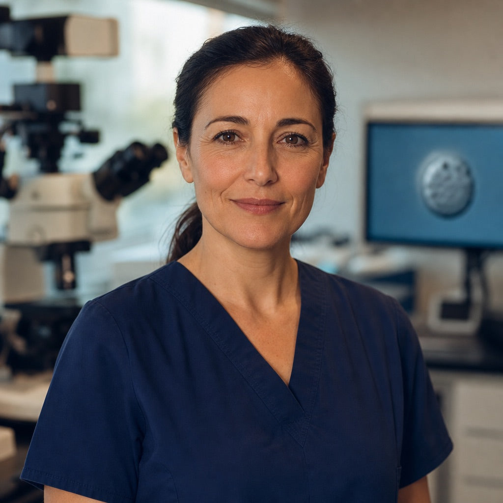 Portrait of Elise Navarro in navy scrubs in an embryology laboratory.