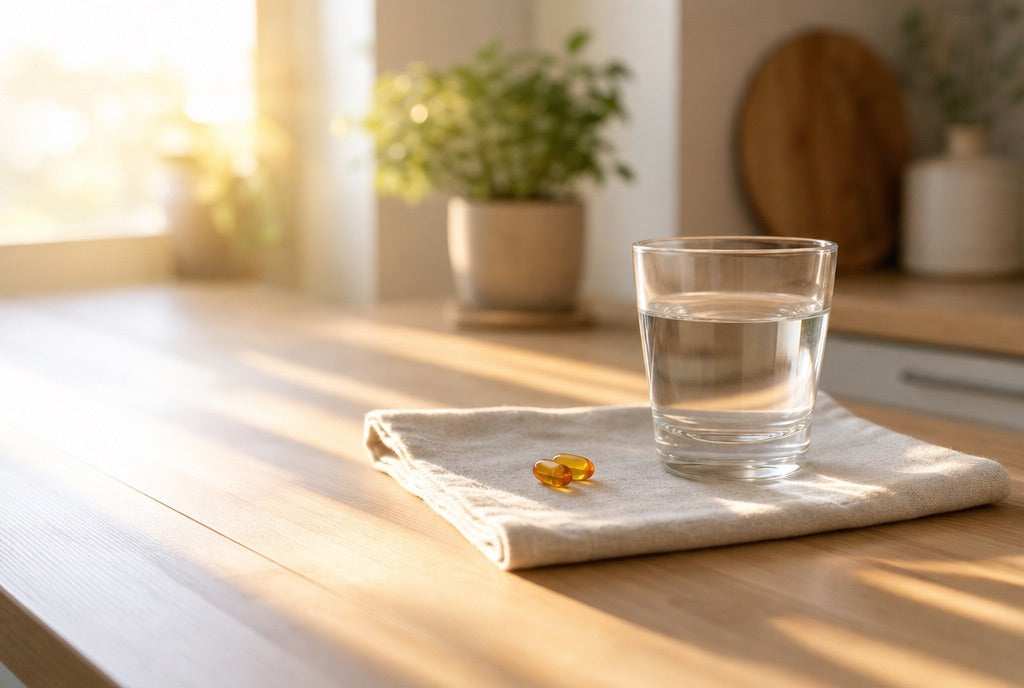 Two amber capsules beside a glass of water on a folded linen napkin, on a sunlit kitchen counter at sunrise.