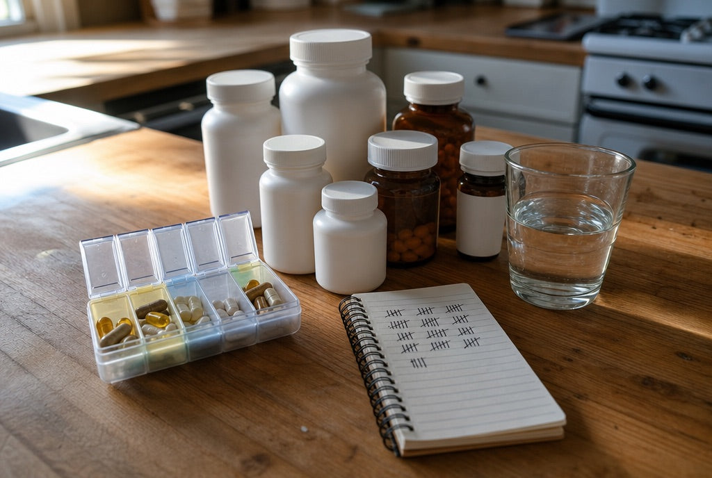 A kitchen counter in morning light holding eight assorted supplement bottles, an open weekly pill organizer, a notebook with tally marks, and a glass of water.