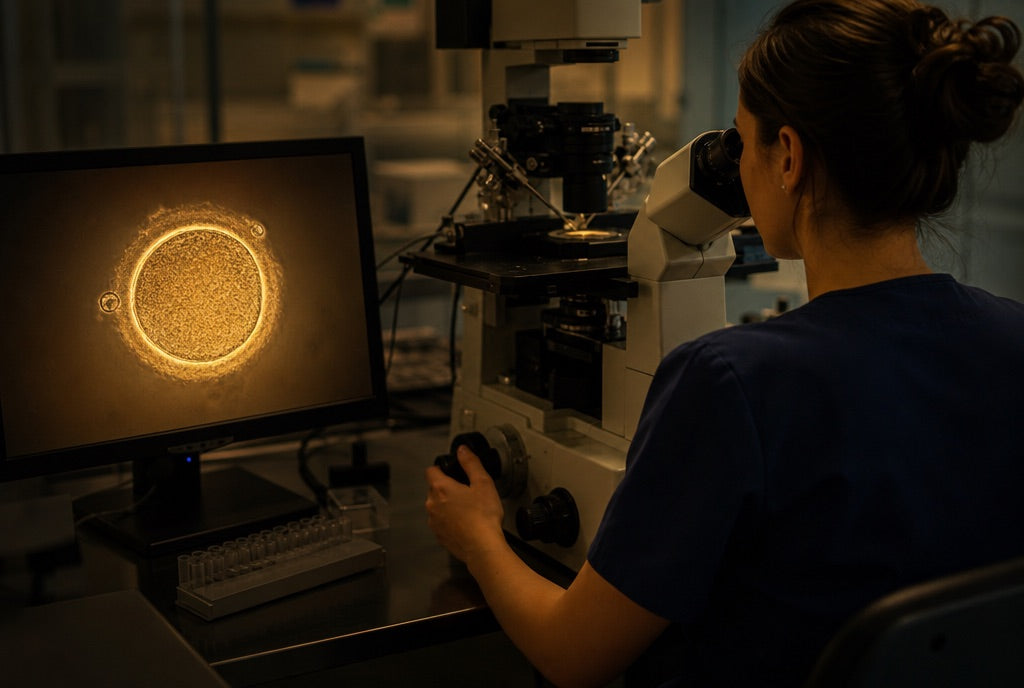 An embryologist in navy scrubs at an inverted microscope, with a monitor showing a single glowing round egg cell in warm golden light.